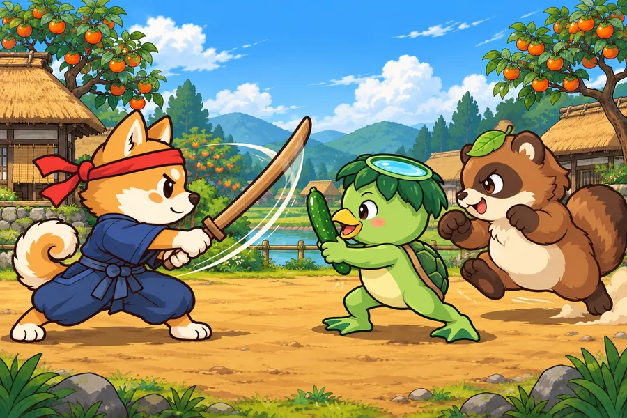 柿の実る村で、イヌの侍がかっぱや化けだぬきと戦っている