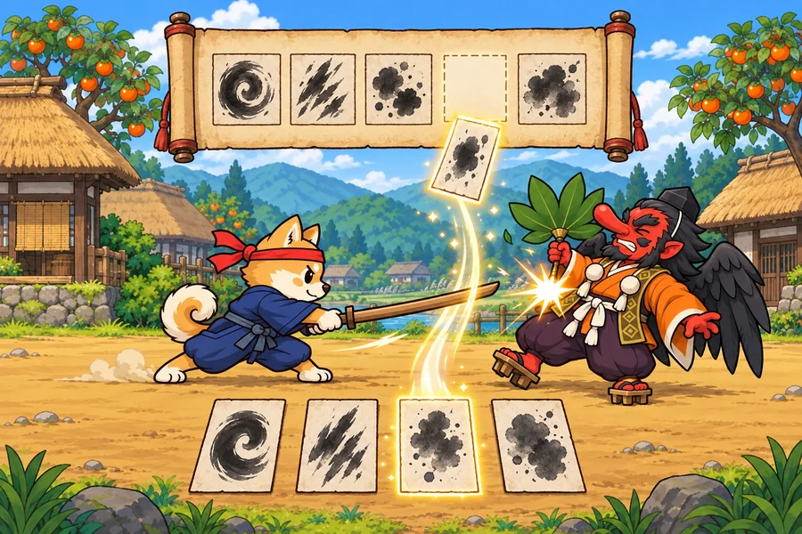 柿の実る村で、イヌの侍がかっぱや化けだぬきと戦っている