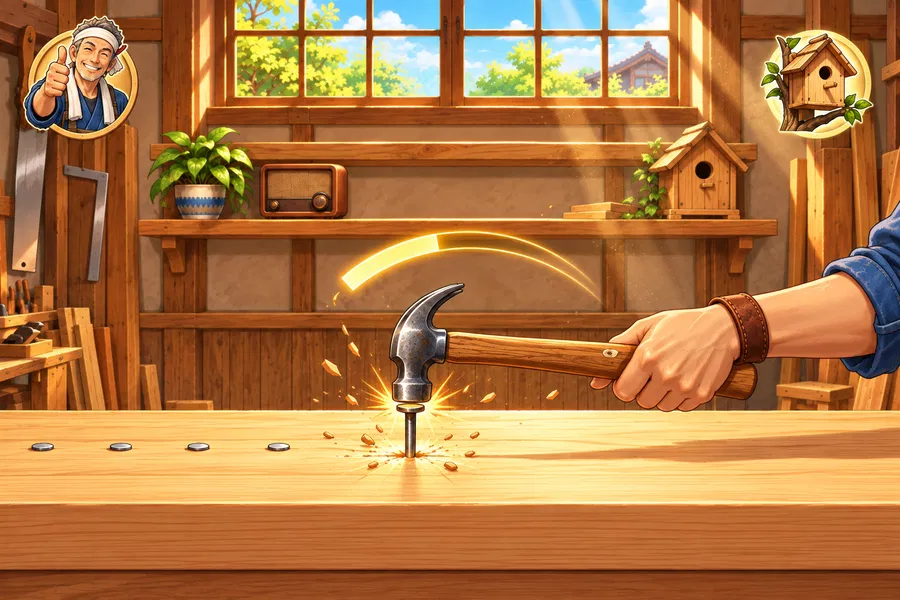 ゲーム画面。日ざしの入る木工所の作業台で、右から出てきた手がにぎる金づちが板に立った釘の頭をたたき、金色の火花と木くずがはじけている。板の左には頭まで打ちこまれた釘が並び、上の棚には観葉植物やラジオの飾り