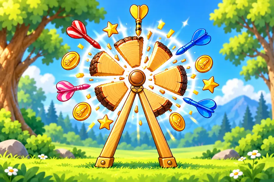 ゲーム画面。森の広場で、木の台に取りつけた木の輪切りの的が回っている。ふちにはカラフルなダーツが何本も刺さっていて、最後の1本で的がかけらになって飛びちり、紙ふぶきとコインがはじけている