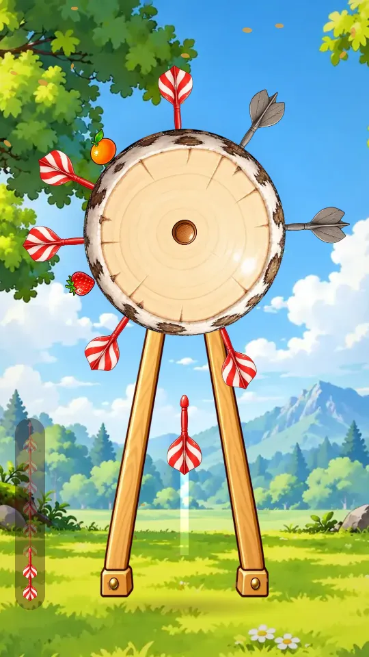 スマホの縦画面。森の広場の木の台に、木の輪切りの的が取りつけられて回っている。ふちに何本かダーツが刺さり、下から次のダーツが飛んでいく。左下に残りのダーツ、上にステージの進みぐあい