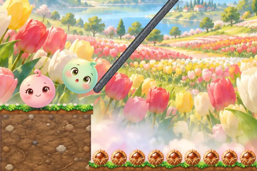 ゲーム画面。チューリップ畑を背景に、えんぴつでひいた1本の線が右上からななめにのびている。ミントグリーンのまんまるのぷくたが線を転がり落ちてきて、草の足場の上で待つももいろのまるりのすぐそばまで来ている。下にはトゲトゲのイガグリがならんでいる