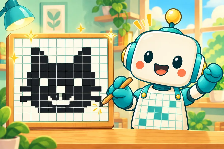 方眼のマスを黒くぬって絵が浮かび上がる瞬間と、よろこぶロボット