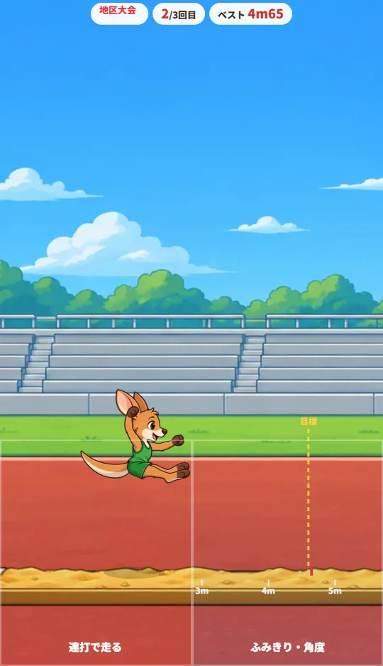 スマホの縦画面で、カンガルーの選手が砂場の上を足をのばしてとんでいる場面