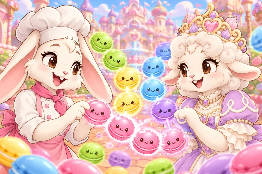 向かい合う子ウサギのパティシエと女王、あいだで連鎖してはじけるマカロン