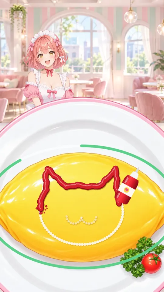 スマホの縦画面。上にカウンターの向こうのメイドさんとリクエストの吹き出し、下に大きなオムライスとケチャップの線、うすい見本の点線