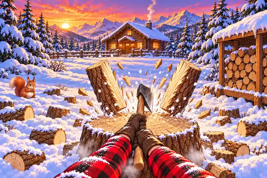 一人称のゲーム画面。夕焼けの雪の庭で、チェックのそでと革手袋の両手が斧をふり下ろし、切り株の上の丸太が左右にまっぷたつに割れて木くずと雪けむりが飛び散っている。奥に窓の光る山小屋、右に薪がぎっしり積まれた薪棚、左の雪の上にアカリス