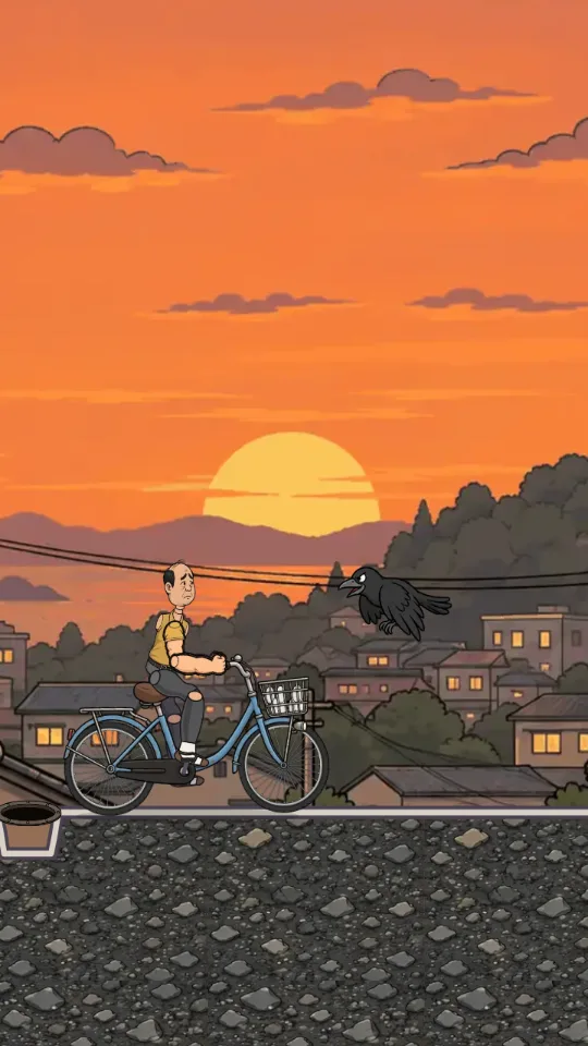 スマホの縦画面で、夕焼けの住宅街を水色のママチャリで走るお父さんの前かごに向かって、カラスが急降下してくる