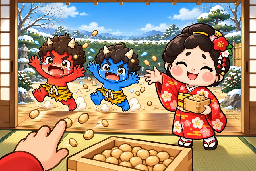 節分の日、えんがわから豆をまくと赤鬼と青鬼がにげ、おたふくがにっこり、手前に豆の入ったますがある