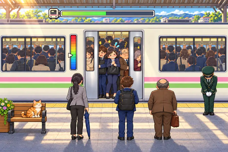 朝の駅のホームから見た通勤電車のゲーム画面。開いたドアの中は満員で、主人公がかばんを胸に抱えて背中から乗り込もうとふんばっている。ドアの左に縦長の圧力メーター、ホームには並んで待つ同僚たち