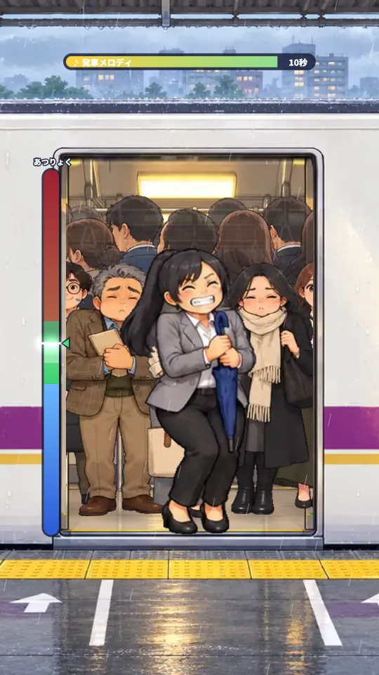 スマホの縦画面。雨の高架駅で、満員電車のドアに先輩が傘を胸に抱えて背中から乗り込んでいる。中の乗客はむぎゅっと目をつぶり、左に圧力メーター