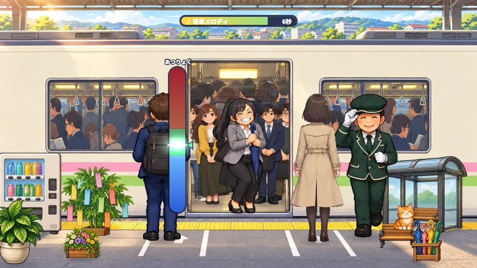 パソコンの横画面。朝の郊外の駅で、満員電車のドアに先輩が傘を抱えて乗り込み、ホームではトレンチコートの主人公とリュックの新人、駅員さんが待っている。ホームにはベンチの駅ねこや自動販売機のかざり