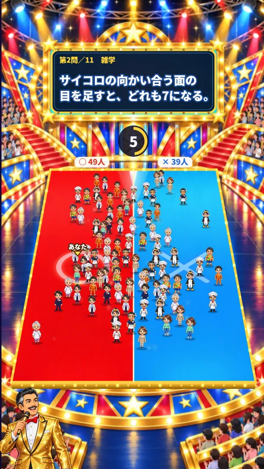 スマホの縦画面。上の大型スクリーンに問題文、その下に残り秒数、赤い○の床と青い×の床に出場者が分かれて立ち、自分のキャラの頭上に「あなた」の目印、左下に司会者