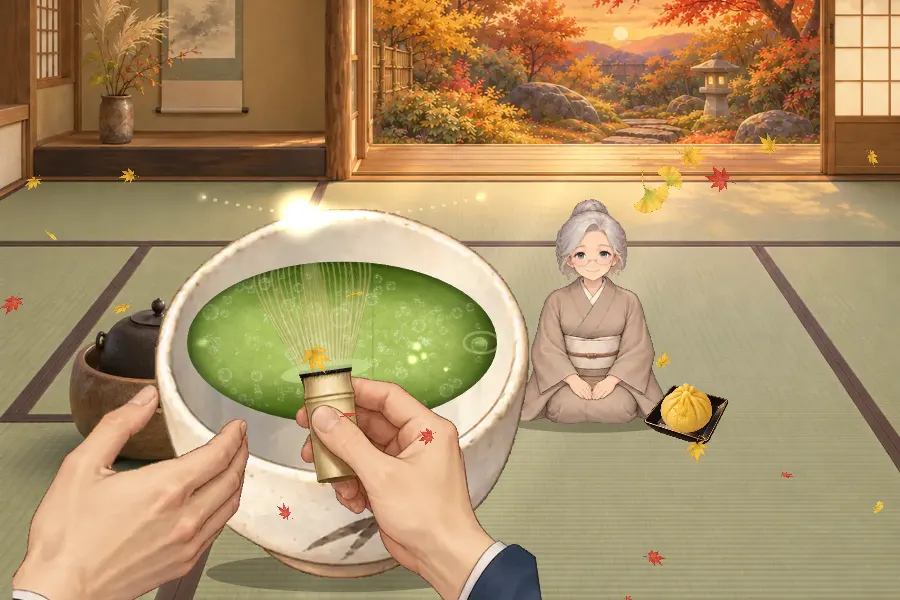 秋の茶室で、手前の白い茶碗の中を右手の茶筅で点てているゲーム画面。左手が茶碗にそえられ、茶碗の上には左右にゆれる光の玉。奥の畳には正座した着物のお客さんと菓子器の栗きんとん、障子の向こうに紅葉の庭が見え、もみじの葉が舞っている