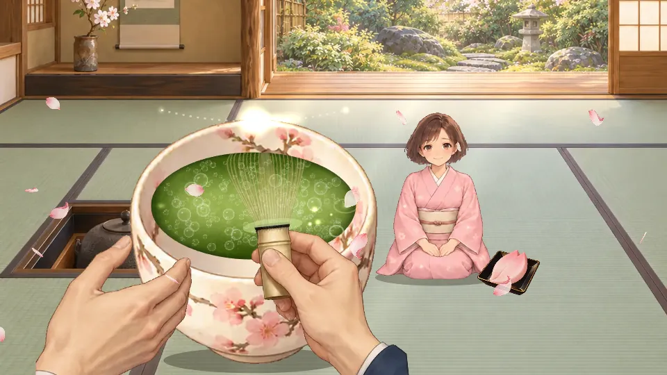 パソコンの横画面。左に桜の絵の茶碗と茶筅を持つ両手、右に正座したお客さんと桜の練り切り、奥に満開の桜の庭が見える茶室