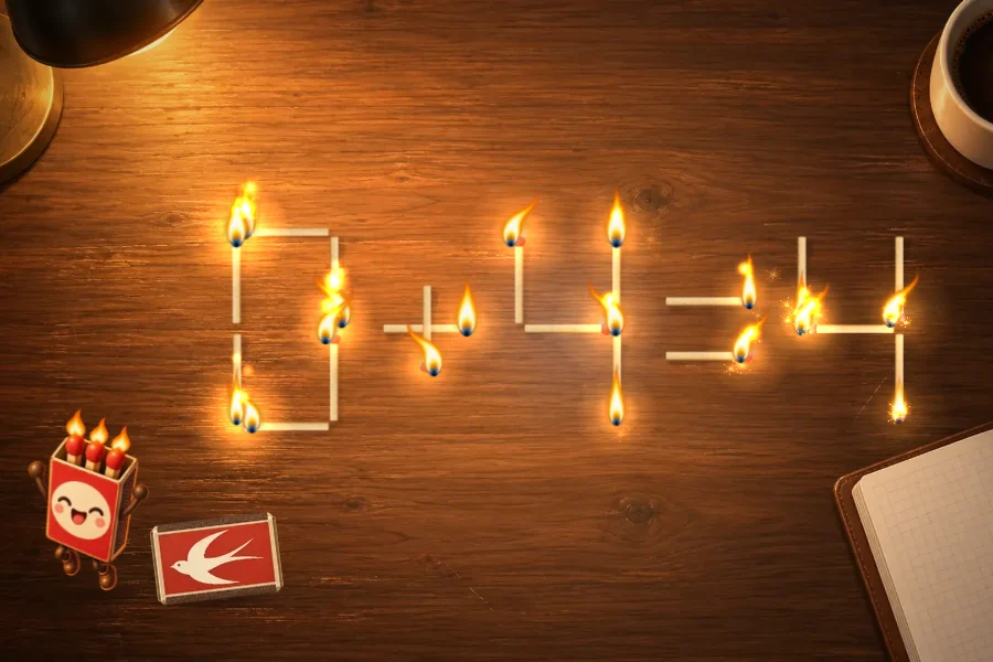 ゲーム画面。デスクライトに照らされたこげ茶色の木の机に、マッチ棒でできた数字と記号の式が横一列にならび、正解したのでマッチの頭すべてに小さな火がともっている。左下では赤いマッチ箱のキャラクターがばんざいして喜び、となりにつばめの絵のマッチ箱。右上にコーヒーカップ、右下にノート