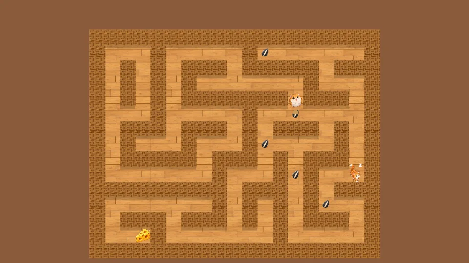 積み木の迷路で種をひろうハムスターと、見まわりのネコ