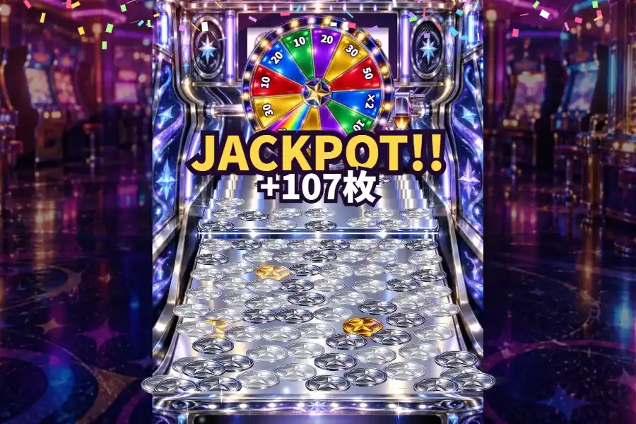 ゲーム画面。ネオンにかがやくメダル落としの機械を正面から見下ろし、鏡のような台の上に銀のメダルがぎっしり並び、手前のふちからメダルがこぼれ落ちている。上の液晶にはスロットの絵がら、レールの発射口とチャッカー
