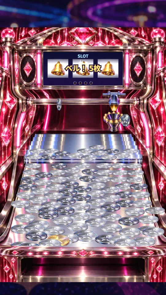スマホの縦画面。ルビー色のメダル落としの機械で、レールの発射口からメダルが落ち、鏡のような台の上に銀のメダルが重なり合っている。上の液晶にスロットの絵がら