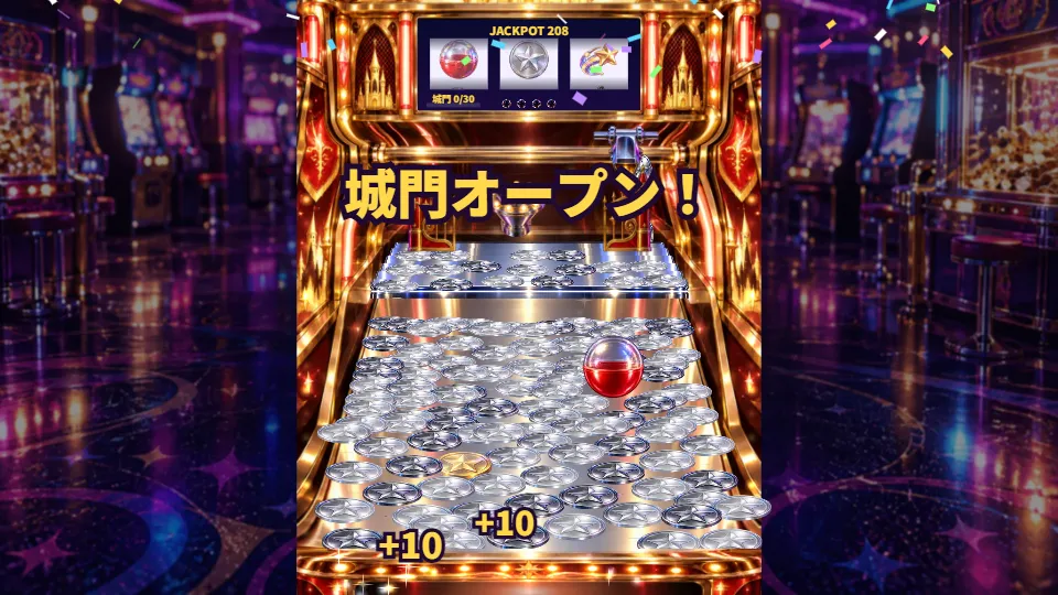 横画面。ゲームセンターの店内を背景に、金色の城の飾りの機械の台へメダルの山がなだれこみ、上には大きなジャックポットのルーレット