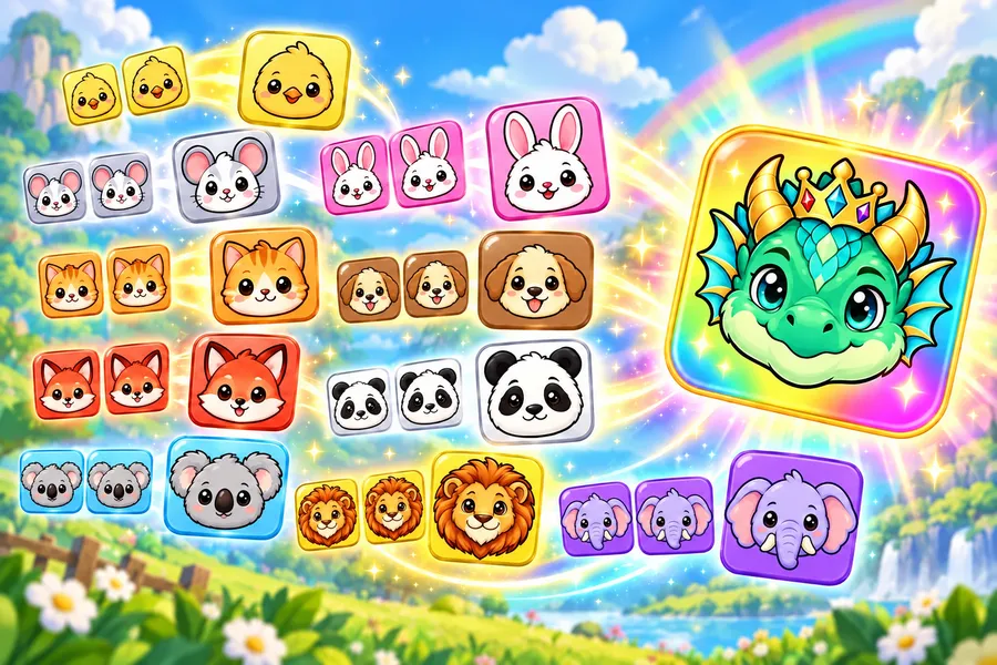 ひよこからドラゴンまで、動物のタイルが合体していくパズル