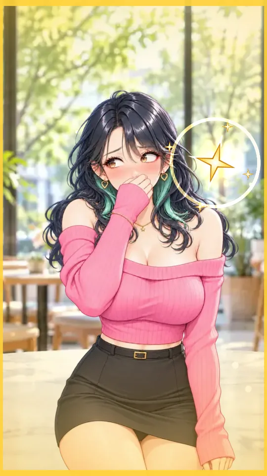 スマホの縦画面。カフェの席でピンクのニットの女性が真っ赤になって口もとを手でかくし、顔の横に金色の星が光っている。画面のふちが金色に光っている