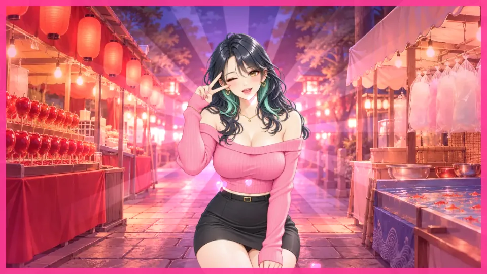 横画面。夏祭りの夜店通りで、女性がピースサインでウインクしている。うしろにピンクの光の筋が広がり、画面のふちがピンクに光っている