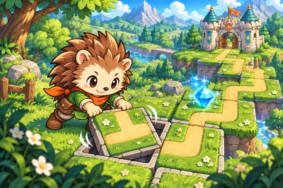 くねくねつながった道の先にお城があり、ハリネズミの勇者がタイルを回して道をつくっている。宝石がきらりと光る