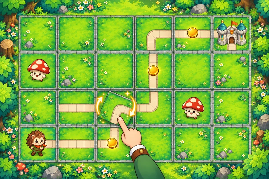 くねくねつながった道の先にお城があり、ハリネズミの勇者がタイルを回して道をつくっている。宝石がきらりと光る