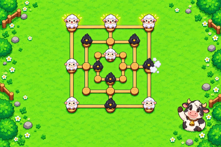 牧草地に木のさくで作ったナインメンズモリスの盤があり、白いひつじと黒いからすのコマがくいの上で対局している画面