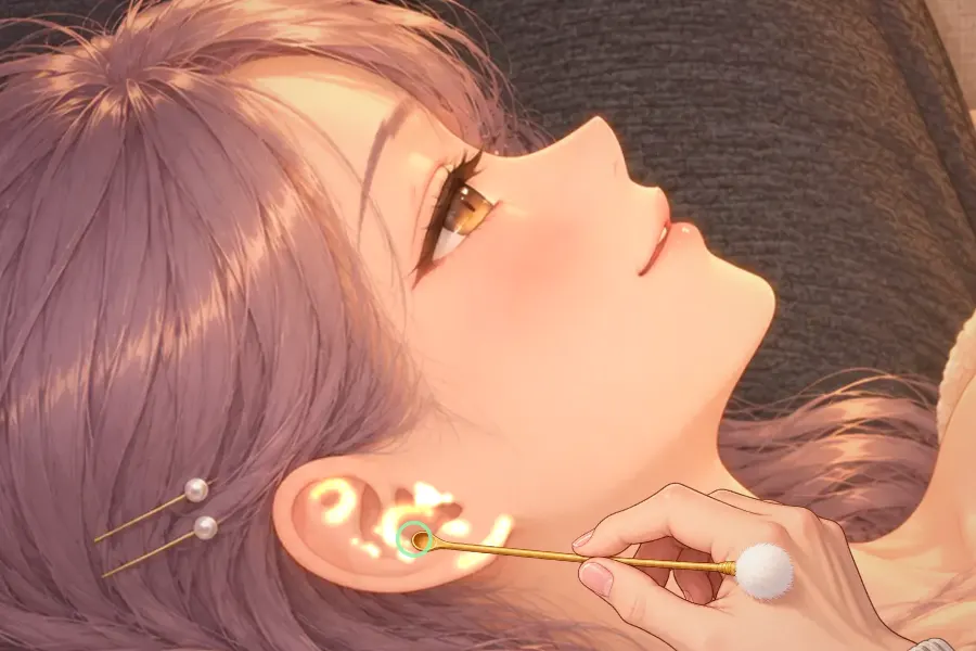 横画面のゲーム画面。ソファで膝まくらをしてもらい横になった、ラベンダー色の髪の女性を真上から見たところ。こちらを向いた耳に金色に光る線があり、自分の手が竹の耳かきでその線をなぞっている