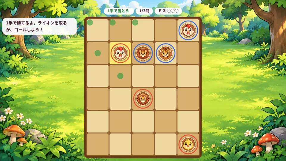 パソコンの横長画面で、1手で勝つパズル。赤いわくのニワトリを選ぶと動ける場所に●が出て、となりに青いわくのライオンがいる