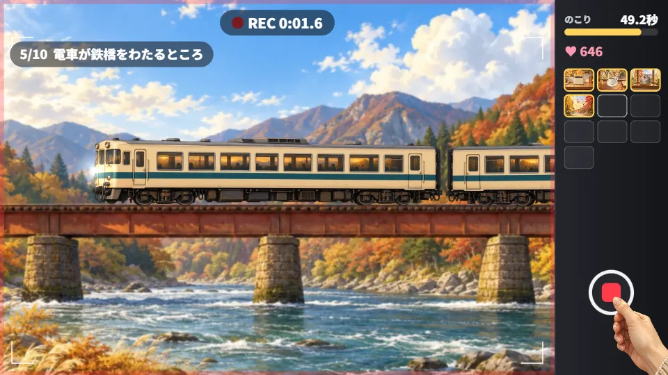 横長の画面。紅葉の山あいの川にかかる赤い鉄橋を、クリーム色に青緑の帯の2両編成の電車がわたっている。右側の操作欄に、のこり秒数と撮ったクリップの一覧と録画ボタン