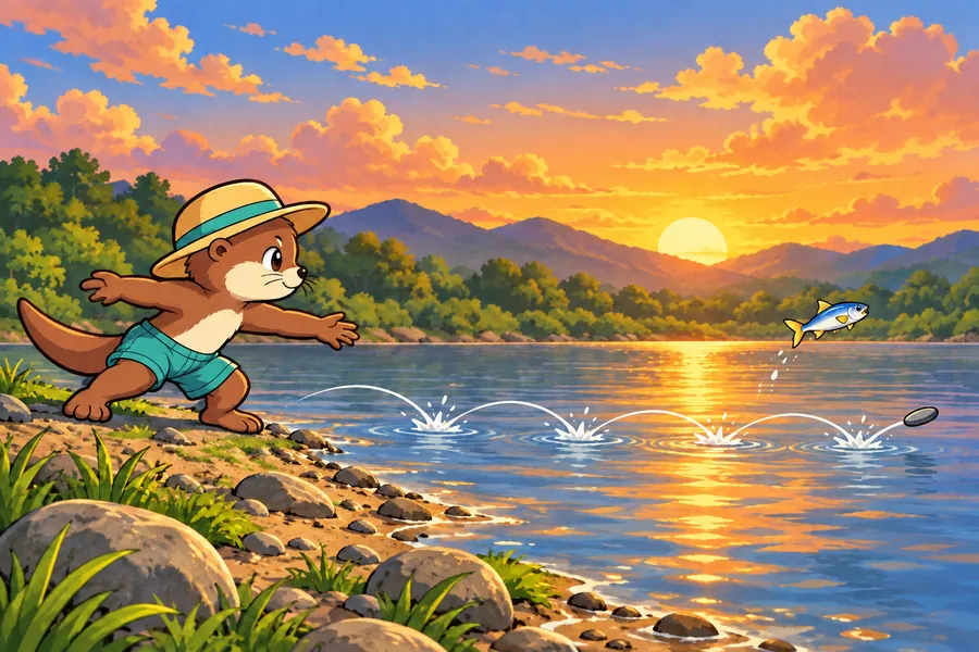 夕日前の川原で、麦わら帽子のカワウソの子が横手で石を投げ、石が水面を遠くまではね、魚がはねている