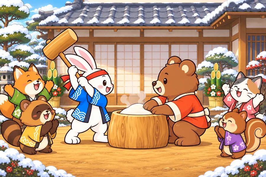お正月の庭で、ウサギが杵をふり上げ、クマがおもちを返すもちつき大会