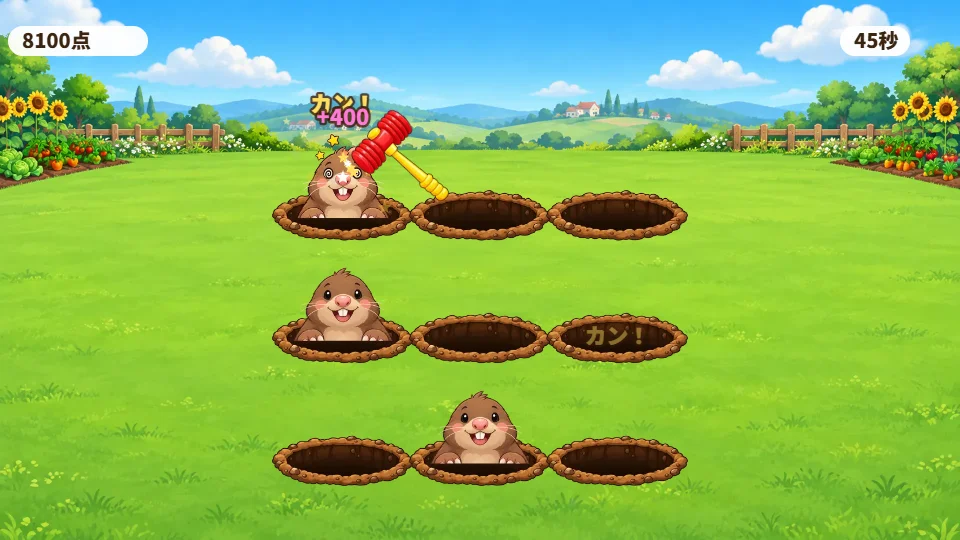 芝生の3×3の穴からもぐらが顔を出し、ハンマーでたたいている場面