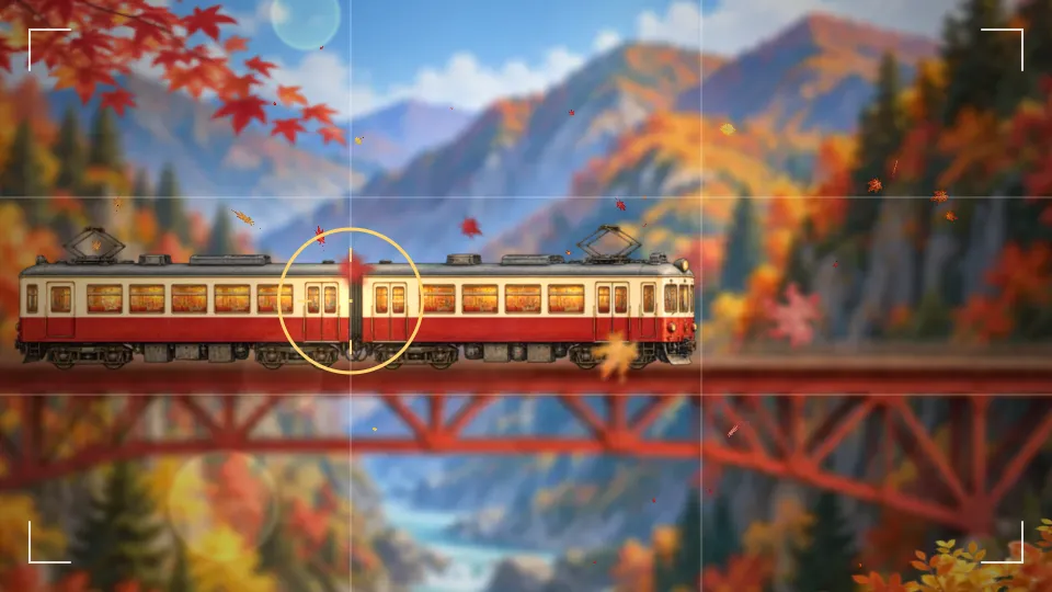 横画面。紅葉の渓谷にかかる朱色の鉄橋を、クリーム色と赤の2両の電車がわたっていて、ピントのリングが電車をとらえている