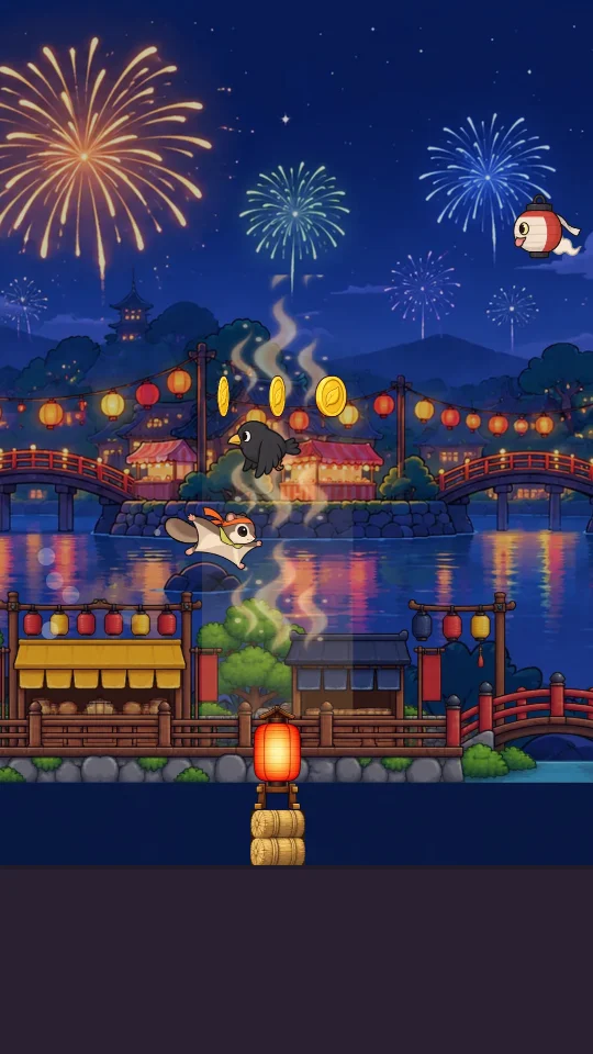 スマホの縦画面で、花火の上がる夏祭りの夜、赤い大ちょうちんから立ちのぼる気流の横をソラマルが滑空し、近くにからすとちょうちんおばけが飛んでいる