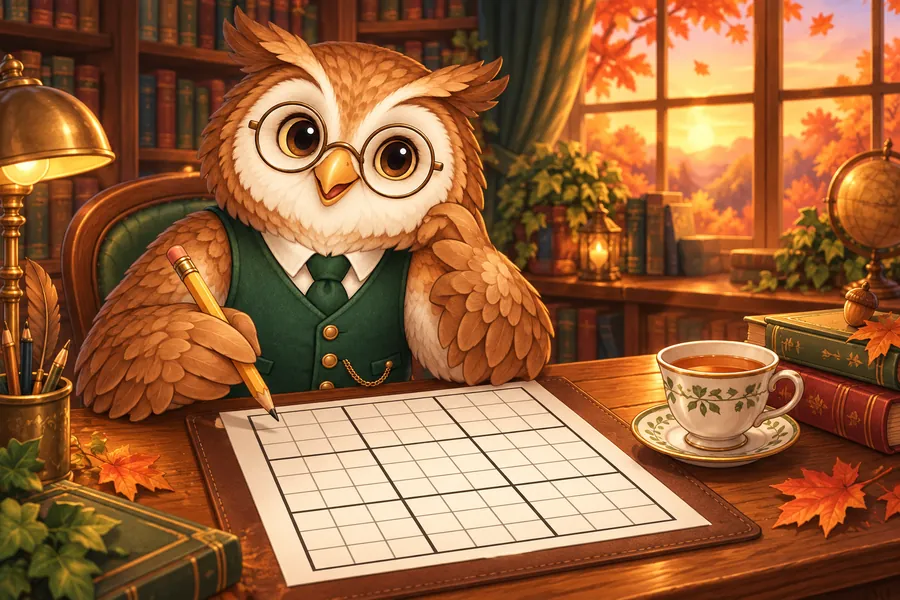 木の机の上のナンプレの盤と鉛筆、紅茶とふくろうの先生