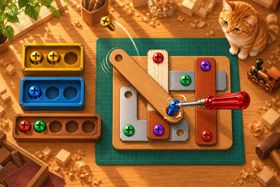 ゲーム画面。木の作業台の上の緑のカッティングマットに、木の板や鉄の板が何枚も重なってネジでとめられている。赤い柄のドライバーが青いネジを回して外し、黄色いネジが光の尾を引いて飛んでいく。左には黄色と青の部品箱と仮置きトレイ、右上では茶トラの猫が見ている