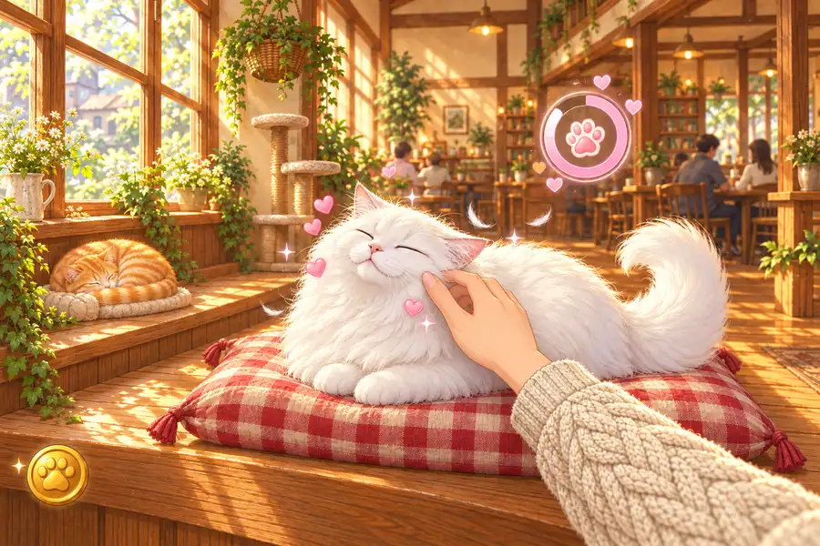 ゲーム画面。朝日のさしこむ猫カフェの窓辺で、赤いチェックのクッションにのった白い長毛の猫が目を細めている。右下からニットのそでの手がのびて猫のほっぺをなで、まわりにピンクのハートが舞う。右上には肉球マークの丸いゴロゴロゲージ、左の棚ではオレンジのしま猫が丸くなって眠っている