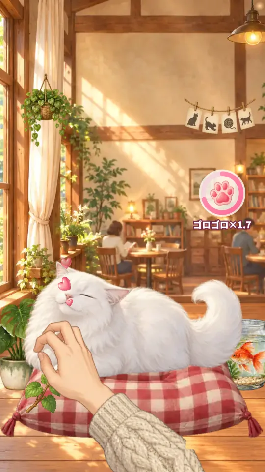 スマホの縦画面。サンルームの猫カフェで、チェックのクッションの上のクリーム色の長毛の猫が、右下からのびた手にほっぺをかいてもらい、頭をすりよせてうっとりしている。右上に肉球マークのゴロゴロゲージ、壁に絵カードの飾り、床に金魚鉢と植木
