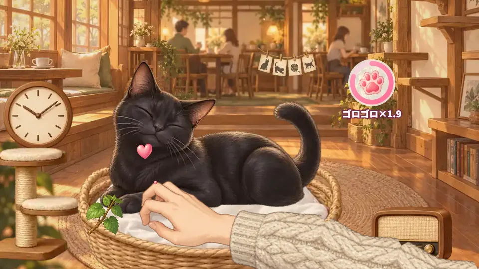 横画面。夕焼けの部屋で、籐のかごのねどこにのった黒猫が、あごの下をなでられて目を細めてゴロゴロ鳴いている。右上にたまっていくゴロゴロゲージ、左に壁かけ時計と小さなキャットタワー、右下にレトロなラジオ