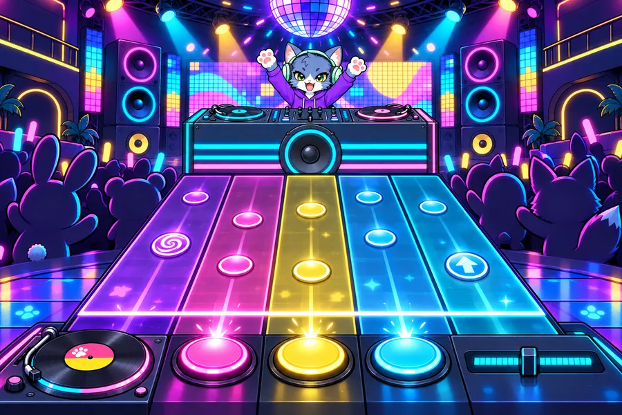 動物たちのクラブで、ヘッドホンをつけたねこDJがブースでバンザイし、手前に5本のレーンとパッド・レコード・フェーダーが並ぶゲーム画面