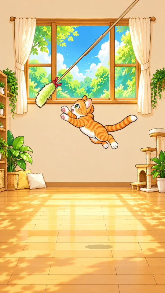 スマホの縦画面で、窓のある明るい部屋の中、茶トラの子ねこが左上のねこじゃらしの穂に向かって前足をのばし、空中を大きくジャンプしている