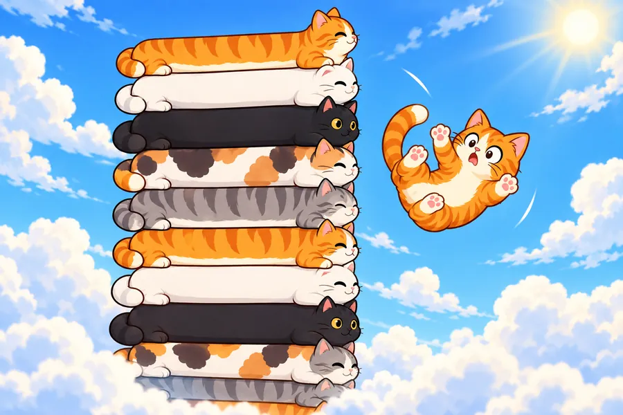 空に向かって高く積み上がったねこのタワーと、落ちてあわてるねこ