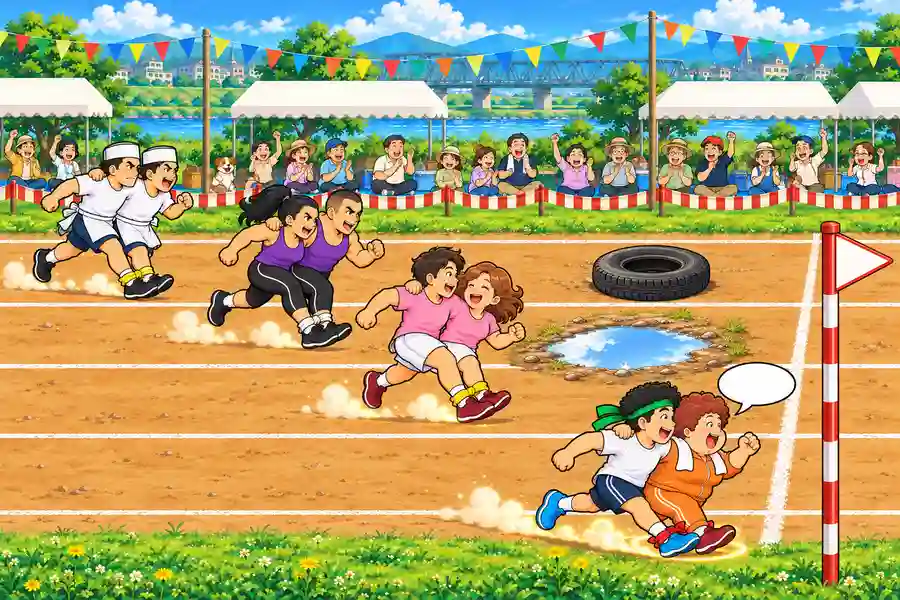 ゲーム画面。河川敷グラウンドの土のコースを、足首を赤いひもで結んだ白いTシャツの青年とオレンジのジャージのおかみさんが肩を組んで走っている。奥のレーンにはライバルの二人組が3組、コースのわきには応援の町の人たちと三角旗