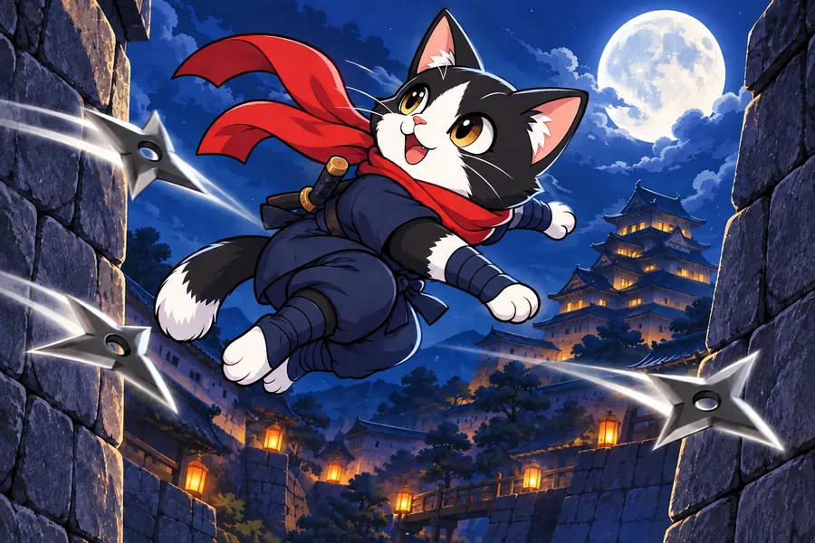 夜のお城で、ねこの忍者がかべからかべへとび、手裏剣をかわしている