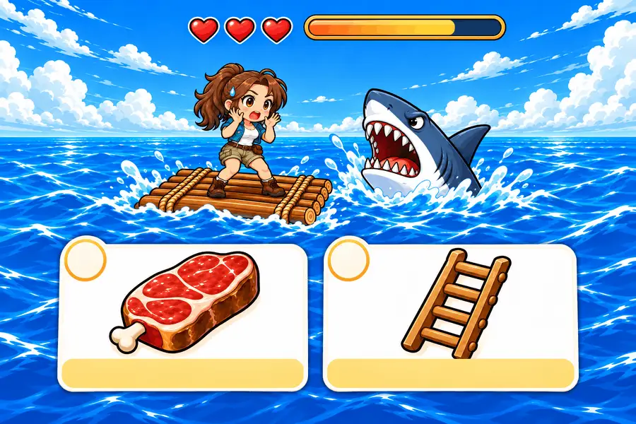 ゲーム画面。青い海に浮かぶいかだの上で、ポニーテールの女性冒険家が両手をほおに当てておどろいている。すぐ右の水面から大きなサメが口を開けて顔を出し、画面の下には2枚の白いアイテムカードが並んでいる