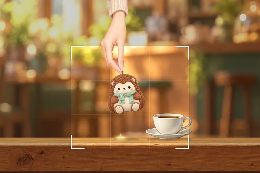 ゲーム画面。ぼけた喫茶店の窓辺を背景に、木のテーブルの上で、上からのびたニットのそでの手がハリネズミのぬいぐるみの頭のループをつまんで運んでいる。テーブルにはコーヒーカップ、まわりには写真の枠の四すみのしるし